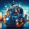 A backpack with glowing digital icons and symbols hovering around it, set against a blurred cityscape at dusk.