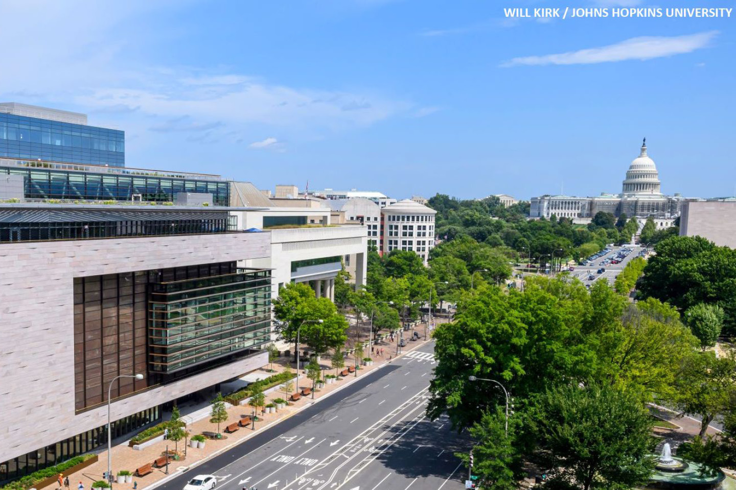 A picture of The Johns Hopkins University Bloomberg Center building in Washington, DC.