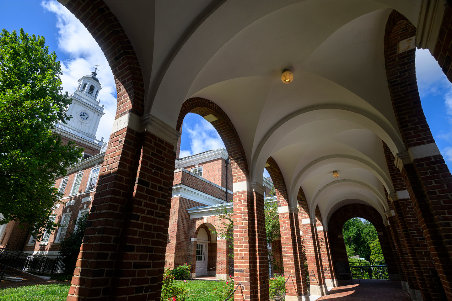 An archway on a building on the Johns Hopkins University Homewood campus.