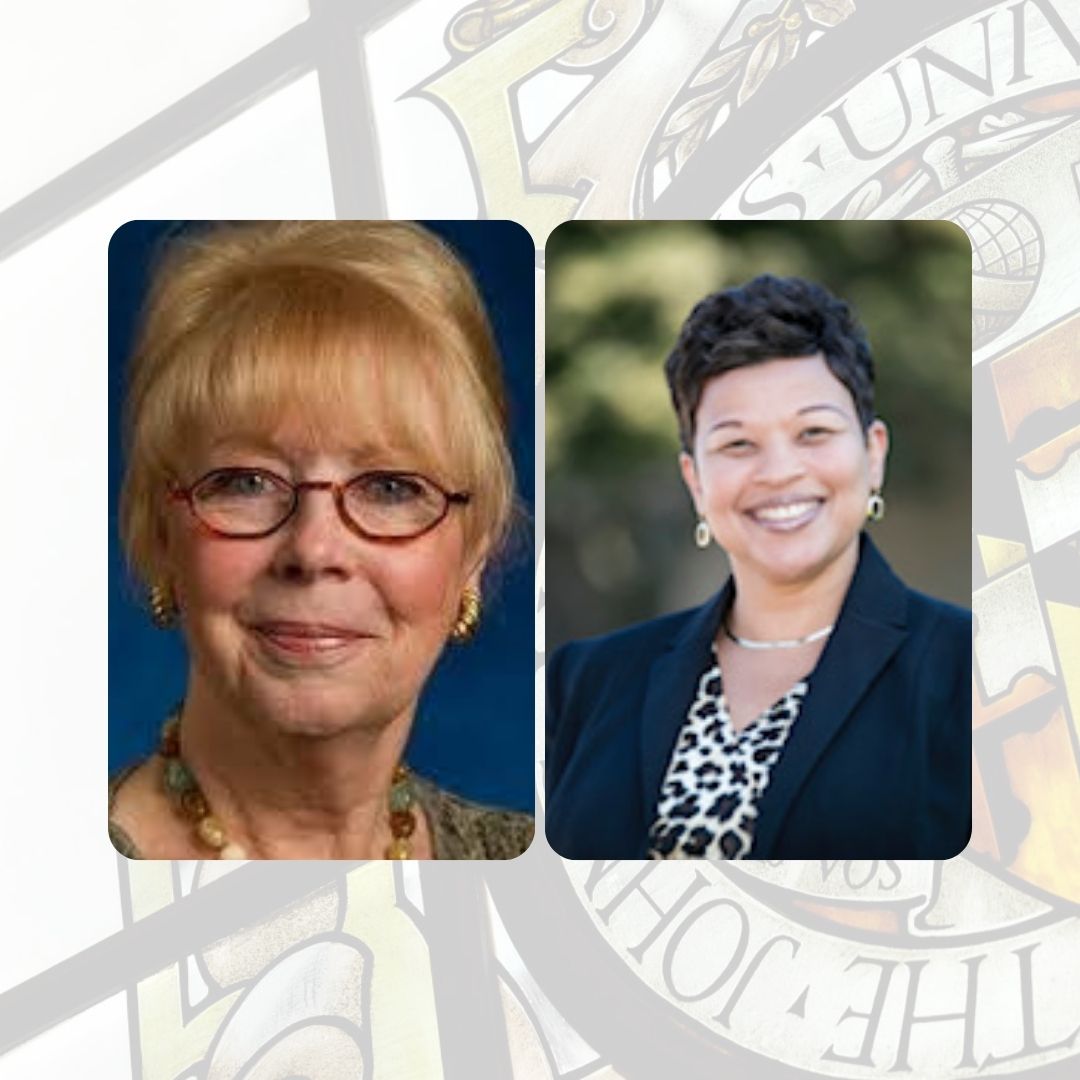 Portraits of Linda Tsantis on the left and Terri Savage on the right, set against a backdrop of the JHU crest.