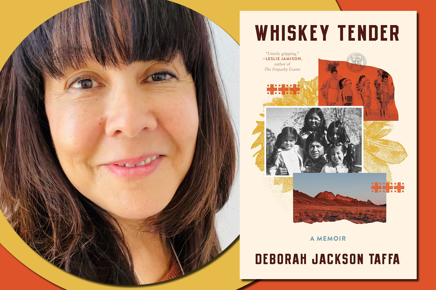 A graphic with a book cover titled Whiskey Tender and a picture of the author, Deborah Jackson Taffa.