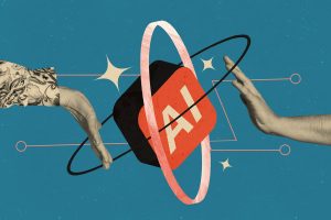 A graphic of two hands around an AI icon.