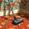 A vacuum on floral carpet.
