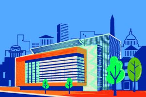 Illustration of the Bloomberg Center in Washington DC