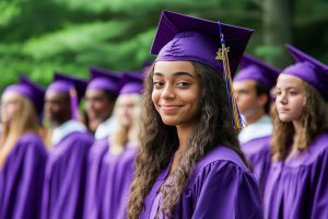 A student graduating wearing their cap and gown.