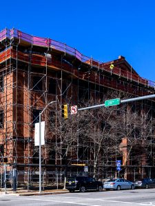 the Education Building covered in scaffolding
