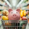 A piggy bank in a shopping cart at a grocery store.
