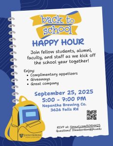 A graphic promoting a Back to School happy hour at 5 p.m. on September 25, 2025 at Nepenthe Brewing Co. in Baltimore, MD.