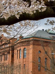 The School of Education with a cherry blossom tree branch in front