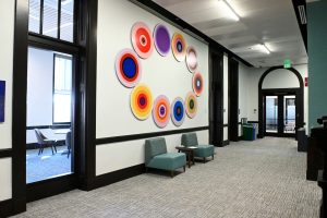Several large circles creating one big oval shape as the "Circle Dance" art installation
