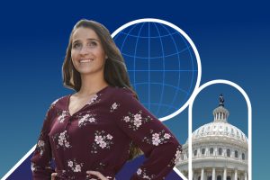 A person standing with their hands on their hips and a picture of the United States Capitol in the background.