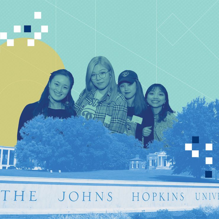 An illustrative image showing four people behind and or above the marble wall at Johns Hopkins University Homewood Campus
