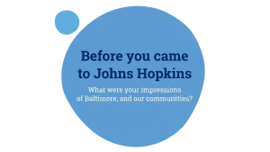 A graphic that says, "Before you came to Johns Hopkins What were your impressions of Baltimore, and our communities?"
