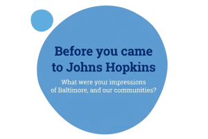 A graphic that says, "Before you came to Johns Hopkins What were your impressions of Baltimore, and our communities?"